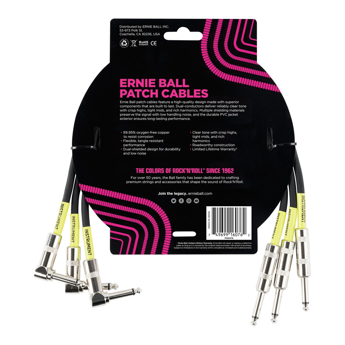 Dây Cáp Patch Pedal Ernie Ball Classic Patch Cable (Bộ 3 Sợi) – 46cm (1,5ft), Thẳng - Vuông, Black