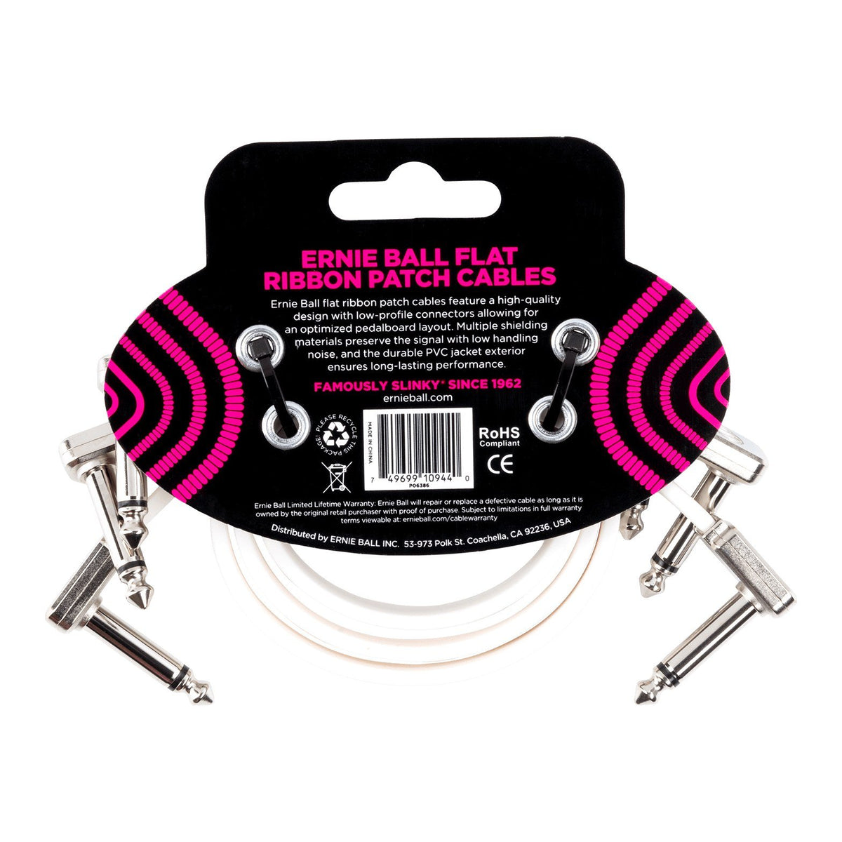 Dây Cáp Patch Pedal Ernie Ball Flat Ribbon Patch Cable – 30cm (12 inch) – Bộ 3 sợi, White