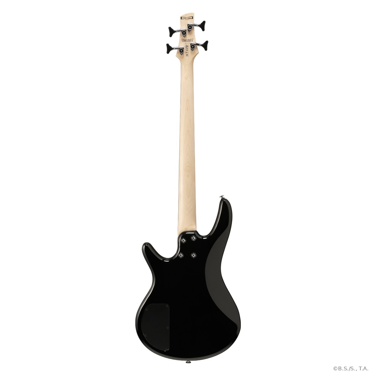 Mặt sau bass Ibanez Dragon Ball Z Vegeta: lưng đen bóng, cần maple, khóa 2+2, logo DRAGON BALL Z sau đầu đàn