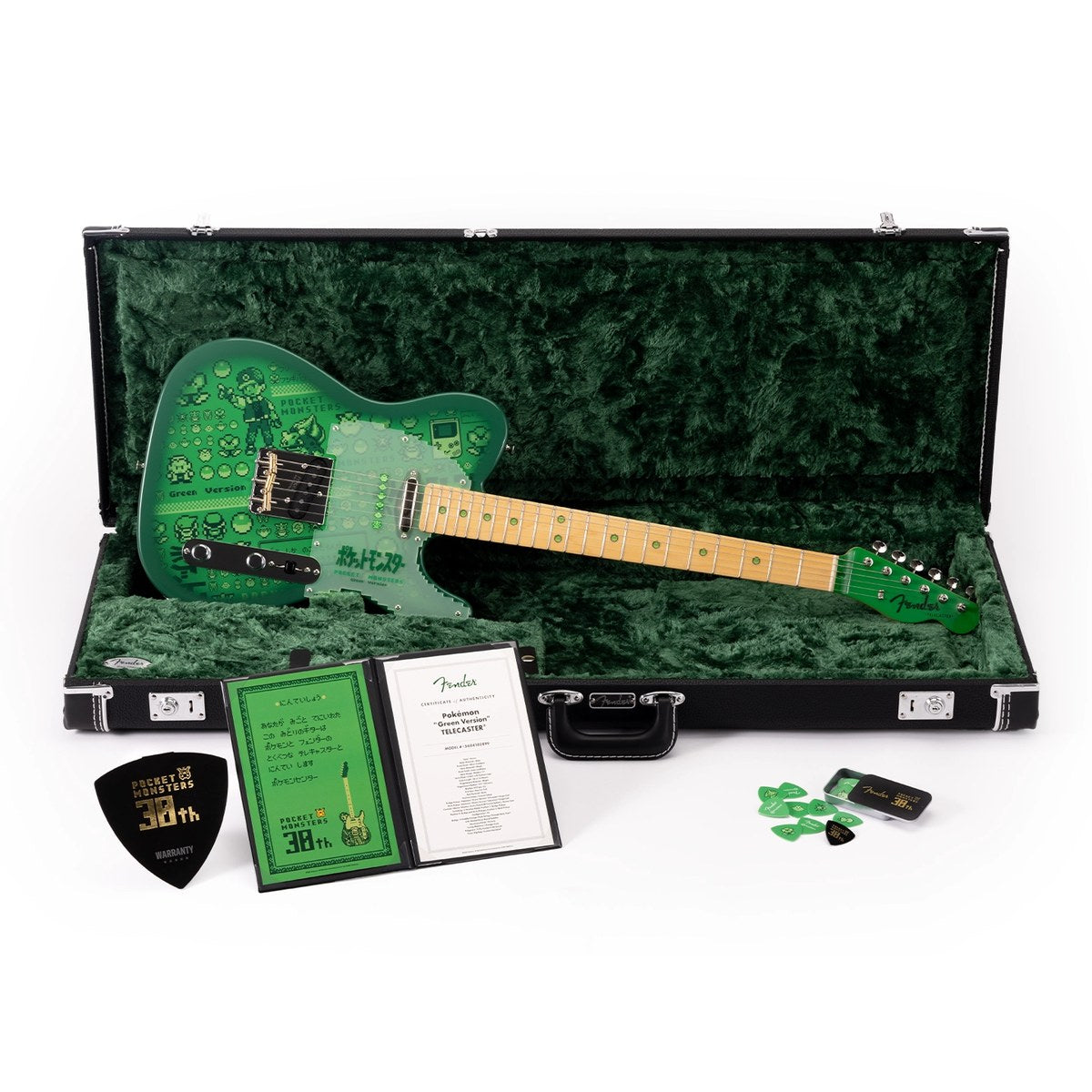 Fender Pokémon Green Version Telecaster trong hộp đàn cứng kèm giấy chứng nhận và hộp pick