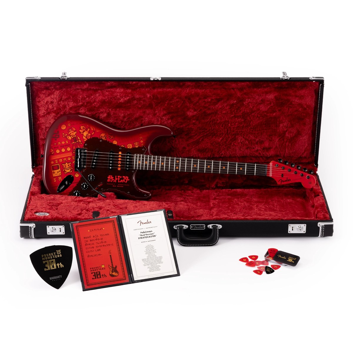 Fender Pokémon Red Version Stratocaster trong hộp đàn cứng kèm giấy chứng nhận và hộp pick