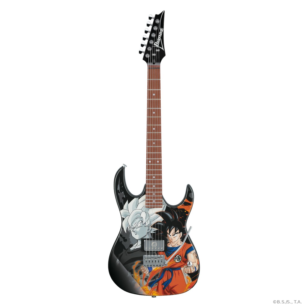 Đàn guitar điện Ibanez Dragon Ball Z Son Goku Super Saiyan mặt trước, artwork Goku Siêu Xayda và Goku võ phục cam