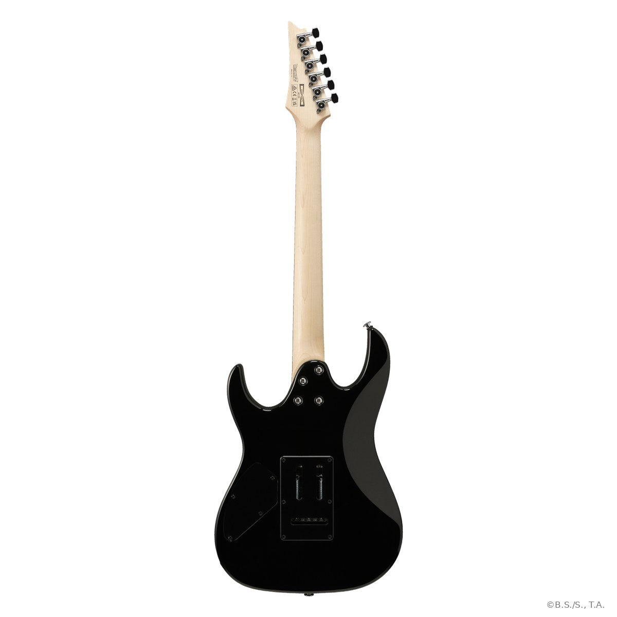 Mặt sau guitar điện Ibanez Dragon Ball Z Son Goku: lưng đen bóng, cần maple, logo DRAGON BALL Z sau đầu đàn