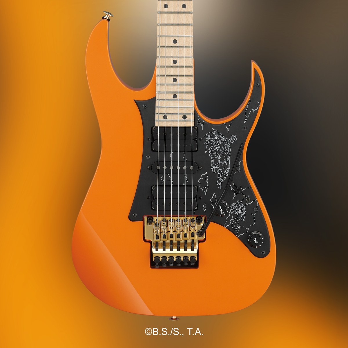 Ibanez RGDBZ Dragon Ball Z cận thân đàn: pickguard đen nét trắng hình Goku Siêu Xayda và Gohan, ngựa Edge mạ vàng