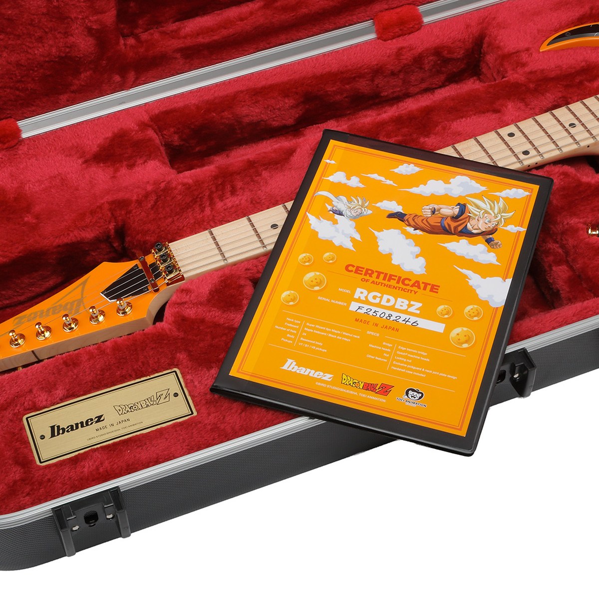 Giấy chứng nhận Ibanez RGDBZ Made in Japan hình Goku Siêu Xayda và bảng kim loại Ibanez × Dragon Ball Z trong hộp cứng