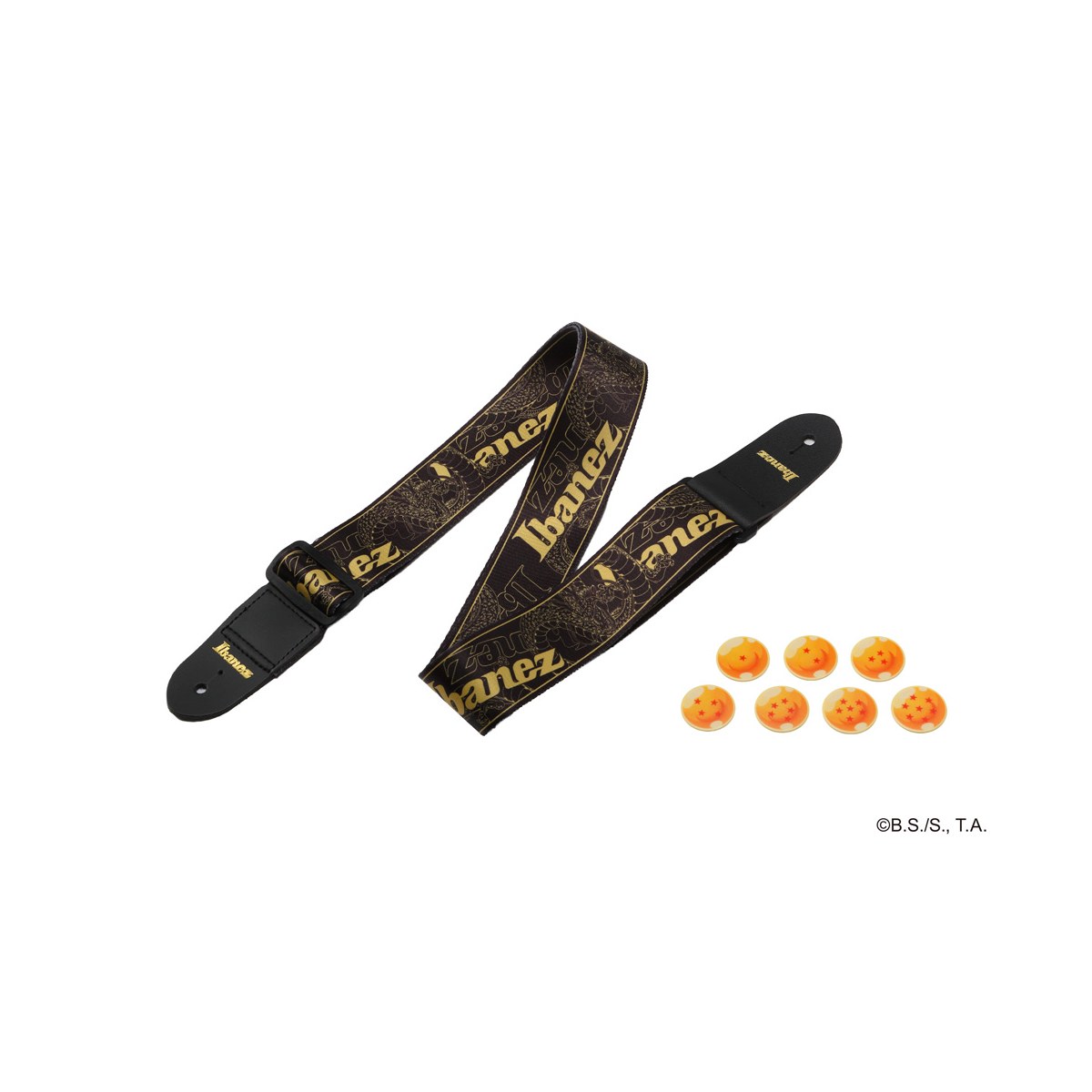 Dây đeo đen logo Ibanez vàng và bộ 7 pick hình ngọc rồng đi kèm Ibanez RGDBZ Dragon Ball Z
