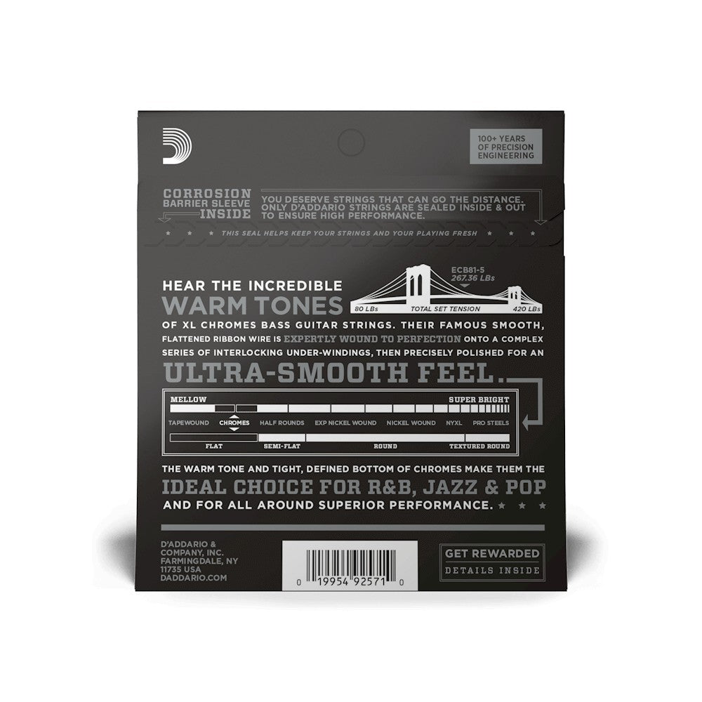 Mặt sau bao bì dây D'Addario ECB81-5 – mã vạch UPC 019954925710
