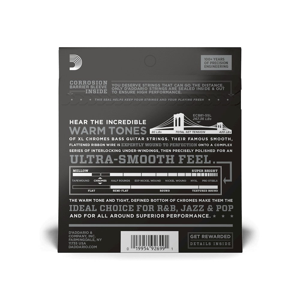 Mặt sau bao bì dây D'Addario ECB81-5SL – mã vạch UPC 019954926991