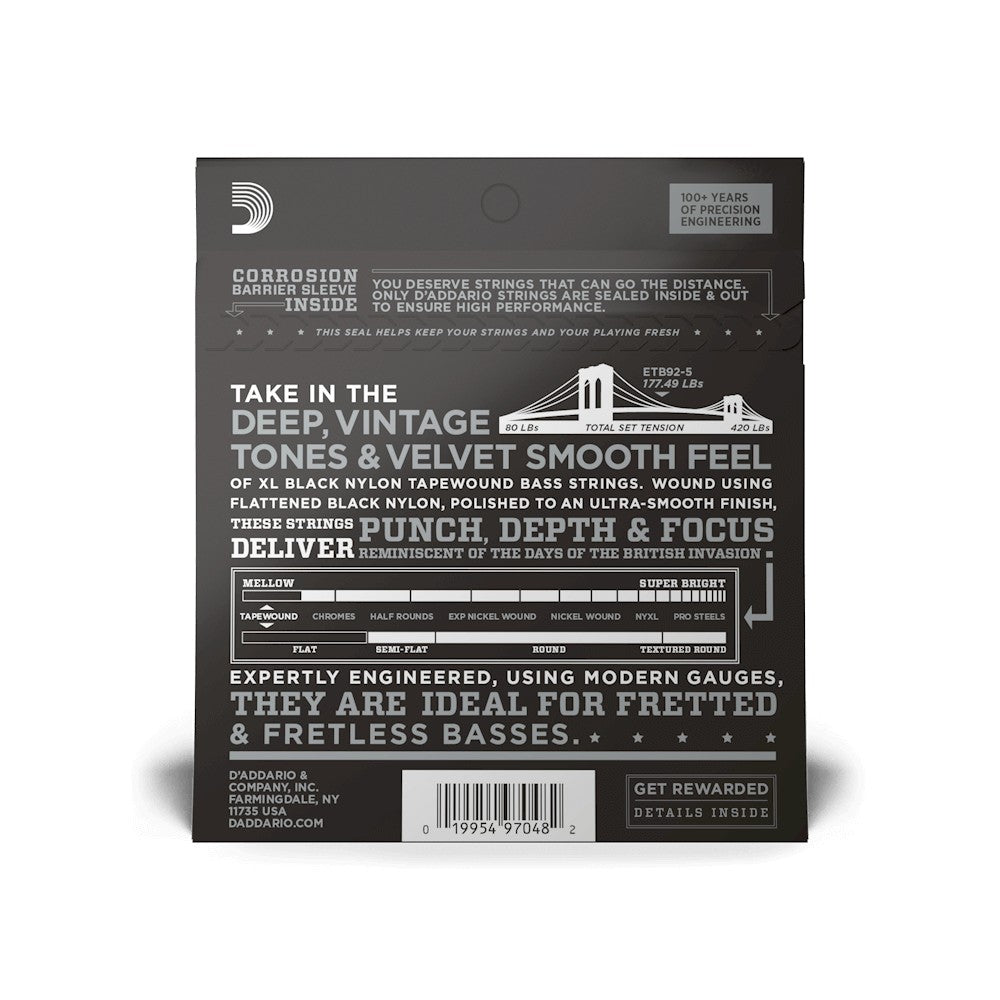 Mặt sau bao bì dây D'Addario ETB92-5 – mã vạch UPC 019954970482