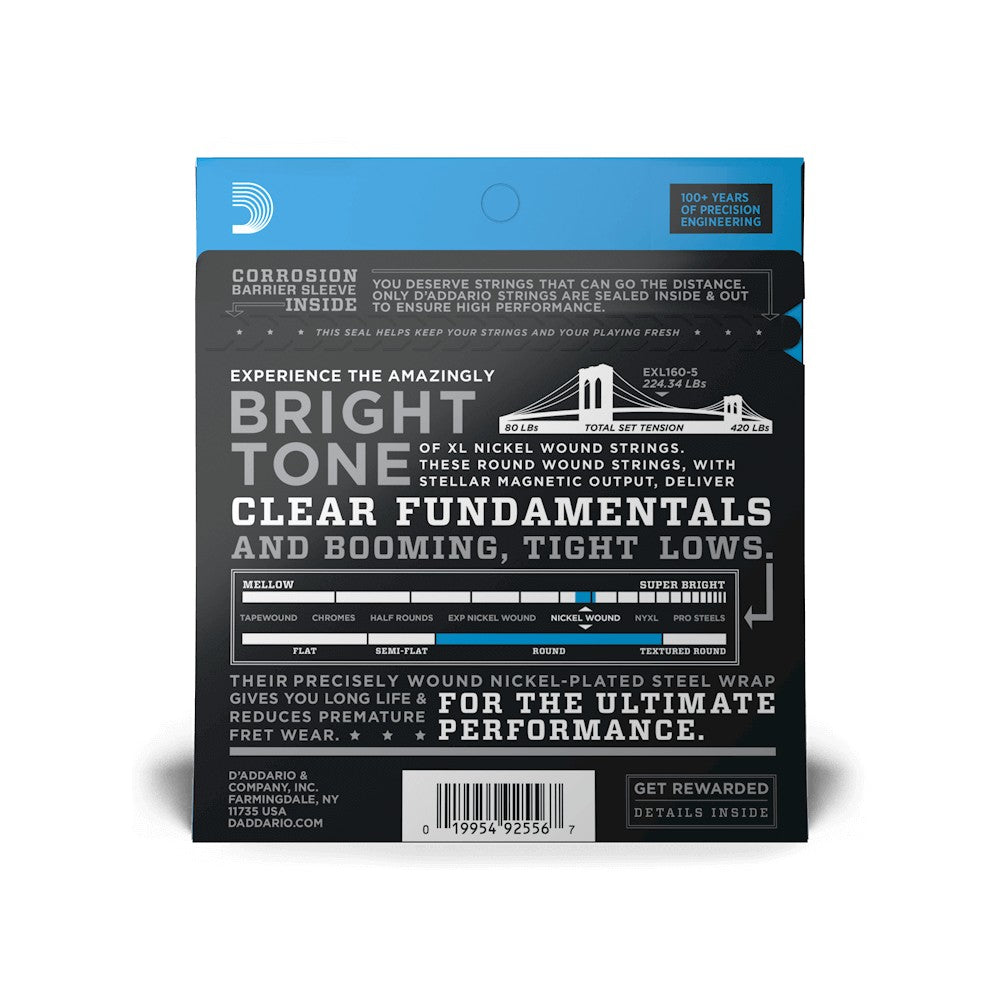 Mặt sau bao bì dây D'Addario EXL160-5 – mã vạch UPC 019954925567