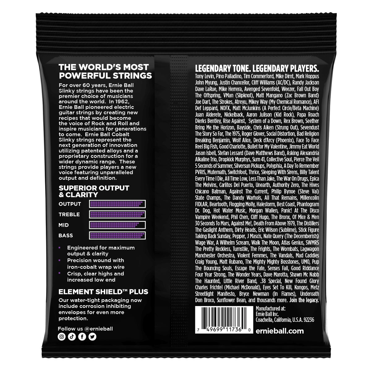 Mặt sau bao bì dây Ernie Ball 2738: mã vạch 749699117360