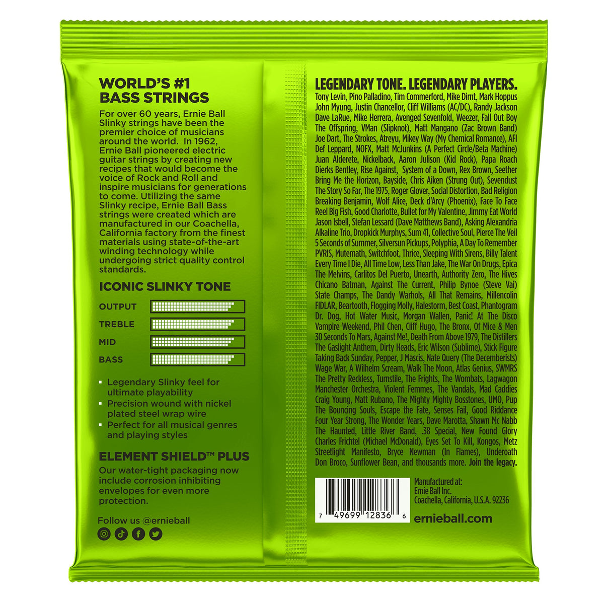 Mặt sau bao bì dây Ernie Ball 2836: mã vạch 749699128366