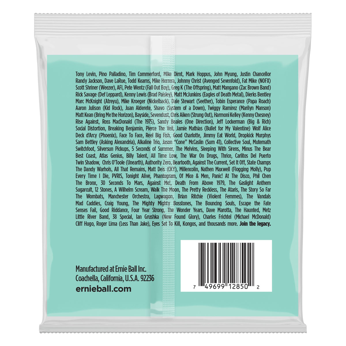 Mặt sau bao bì dây Ernie Ball 2850: mã vạch 749699128502