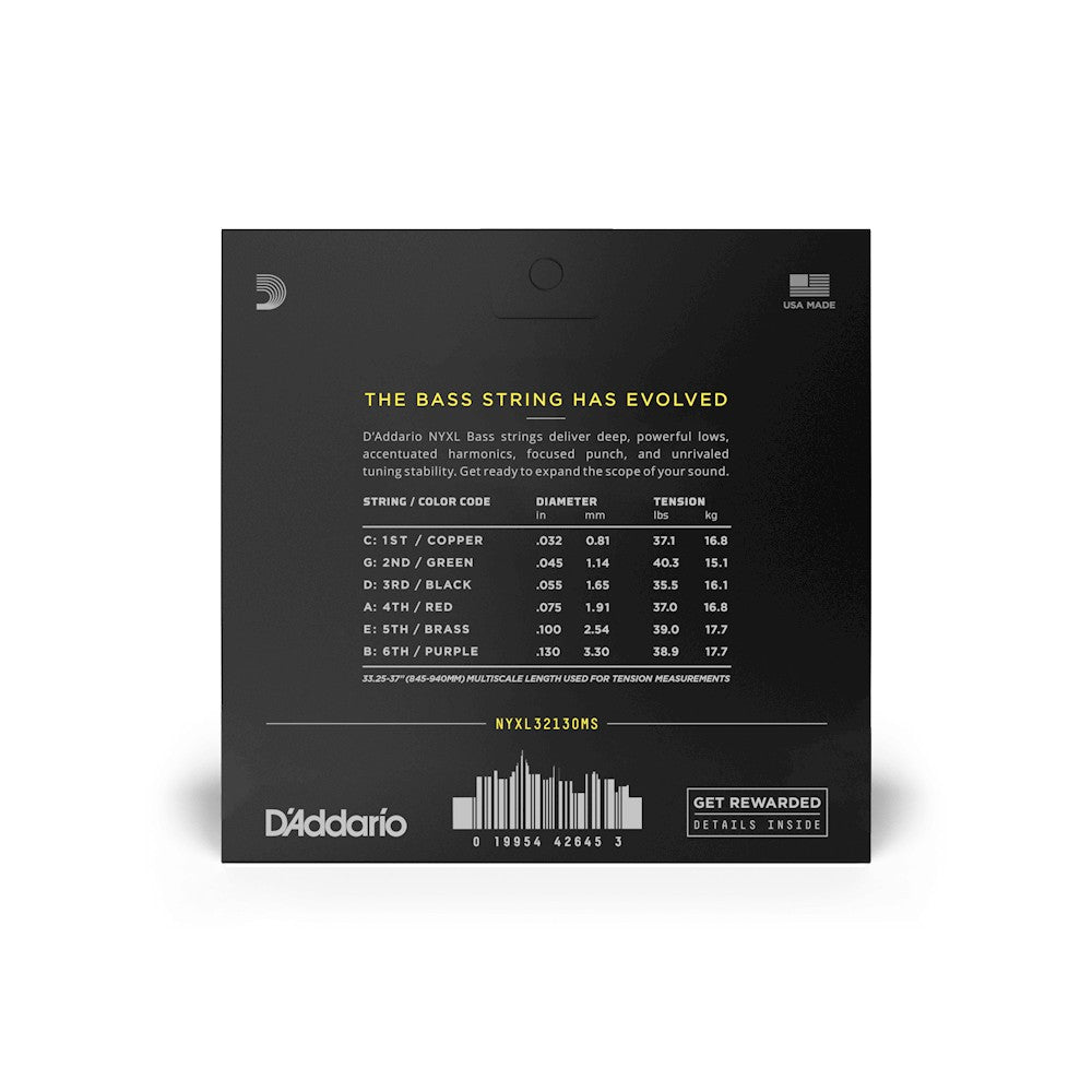 Mặt sau bao bì dây D'Addario NYXL32130MS – mã vạch UPC 019954426453