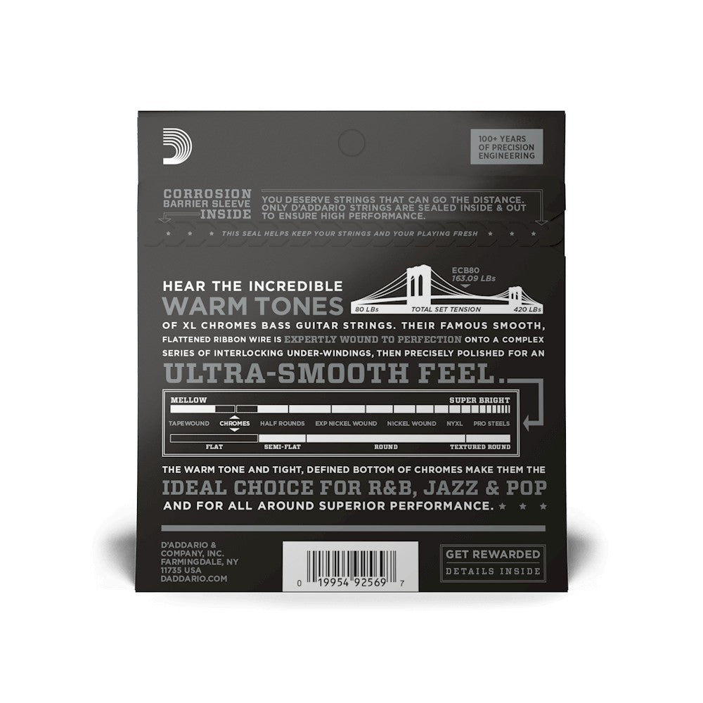Mặt sau bao bì dây D'Addario ECB80 – mã vạch UPC 019954925697