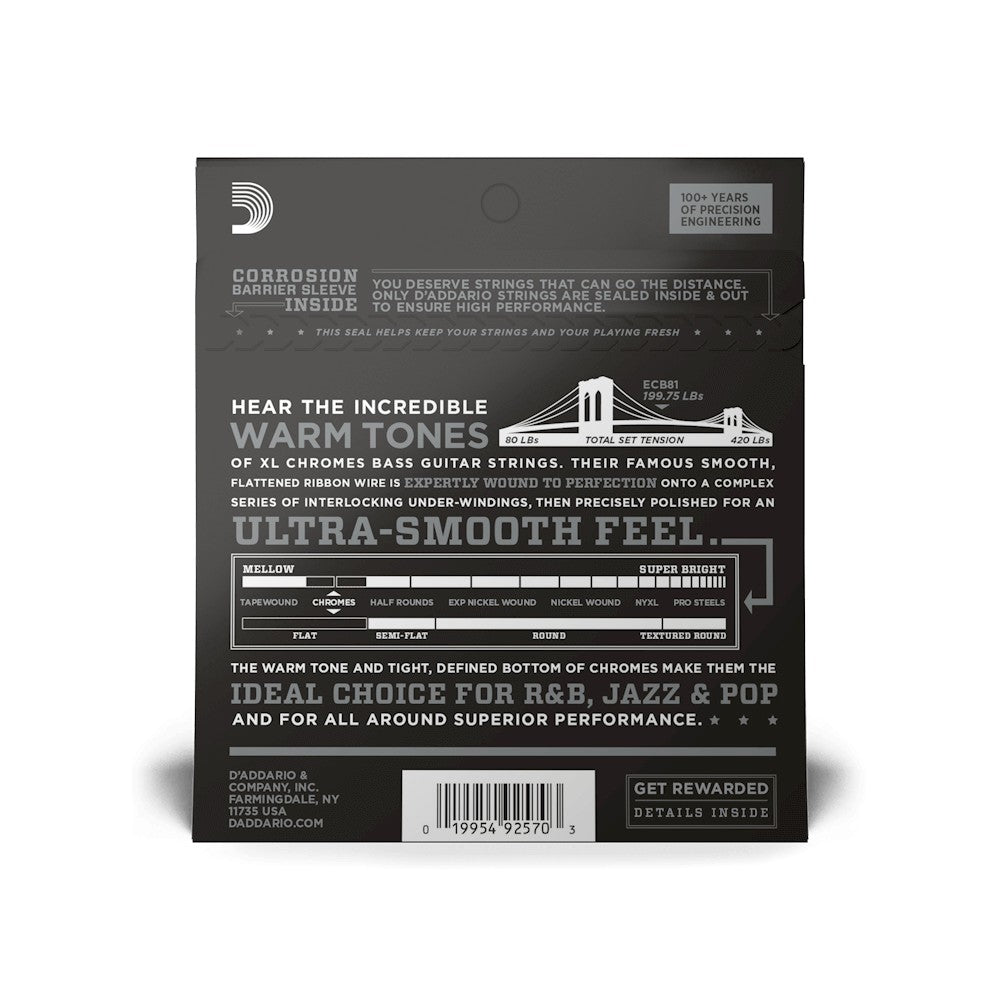 Mặt sau bao bì dây D'Addario ECB81 – mã vạch UPC 019954925703