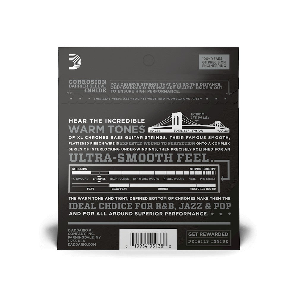 Mặt sau bao bì dây D'Addario ECB81M – mã vạch UPC 019954951382