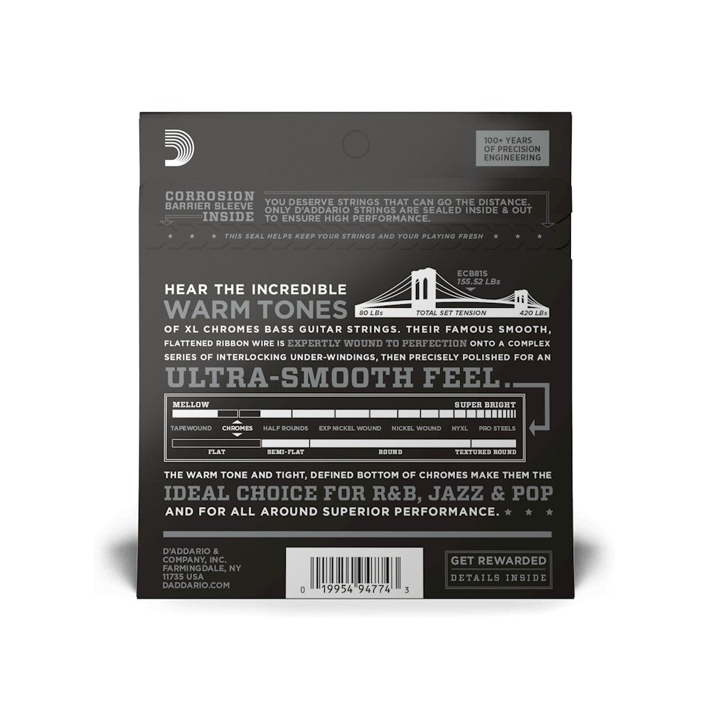 Mặt sau bao bì dây D'Addario ECB81S – mã vạch UPC 019954947743