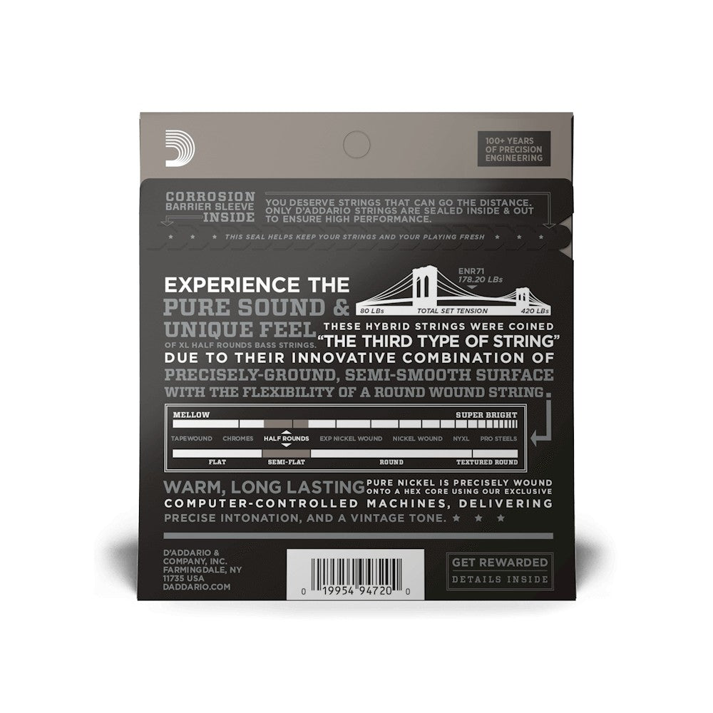 Mặt sau bao bì dây D'Addario ENR71 – mã vạch UPC 019954947200