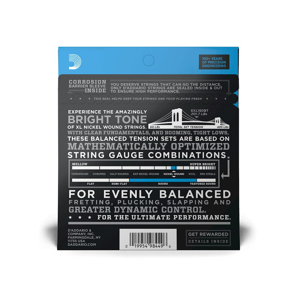 Mặt sau bao bì dây D'Addario EXL160BT – mã vạch UPC 019954984496