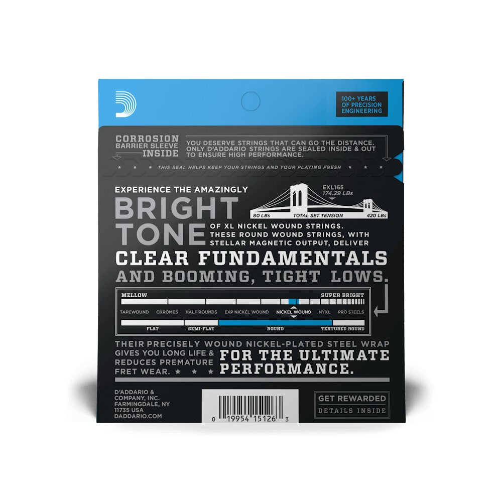 Mặt sau bao bì dây D'Addario EXL165 – mã vạch UPC 019954151263
