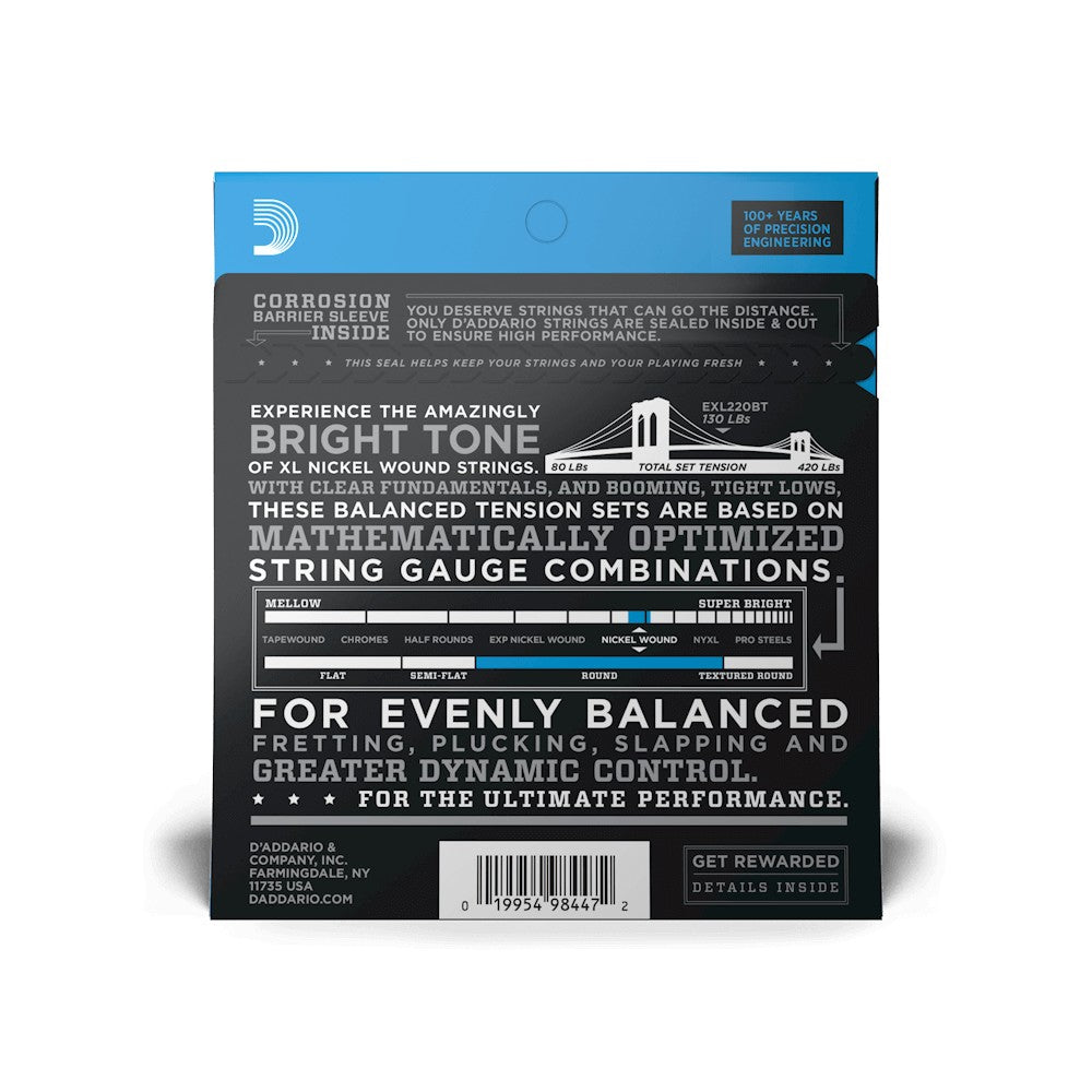 Mặt sau bao bì dây D'Addario EXL220BT – mã vạch UPC 019954984472