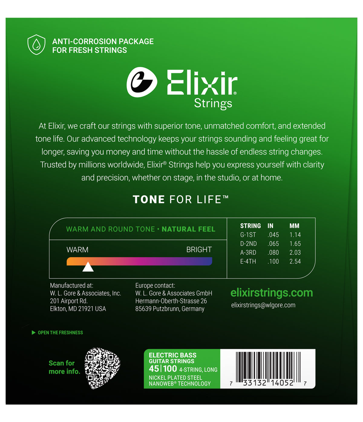 Mặt sau bao bì dây Elixir 14052: bảng cỡ dây, nhãn tone, mã vạch UPC 733132140527