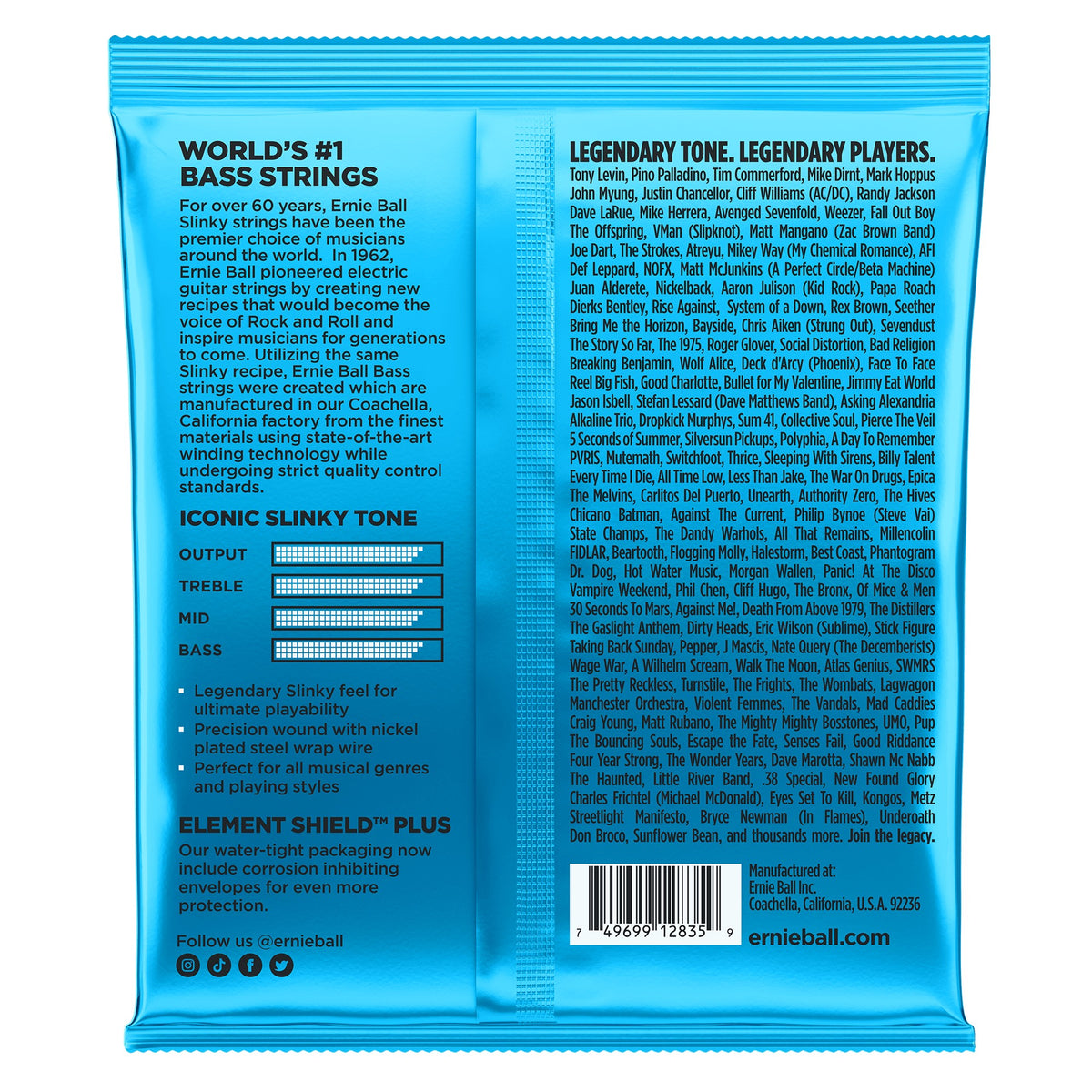 Mặt sau bao bì dây Ernie Ball 2835: mã vạch 749699128359