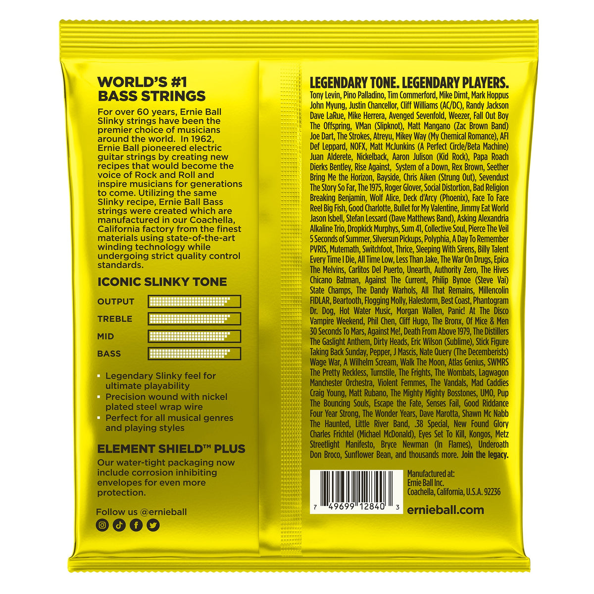 Mặt sau bao bì dây Ernie Ball 2840: mã vạch 749699128403