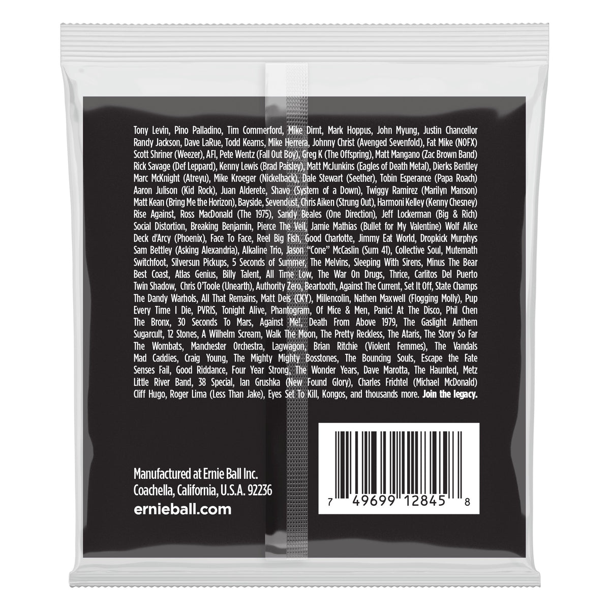 Mặt sau bao bì dây Ernie Ball 2845: mã vạch 749699128458