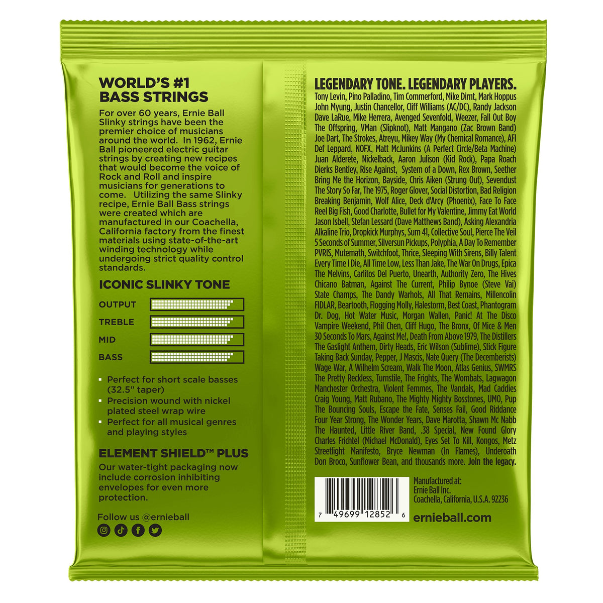 Mặt sau bao bì dây Ernie Ball 2852: mã vạch 749699128526