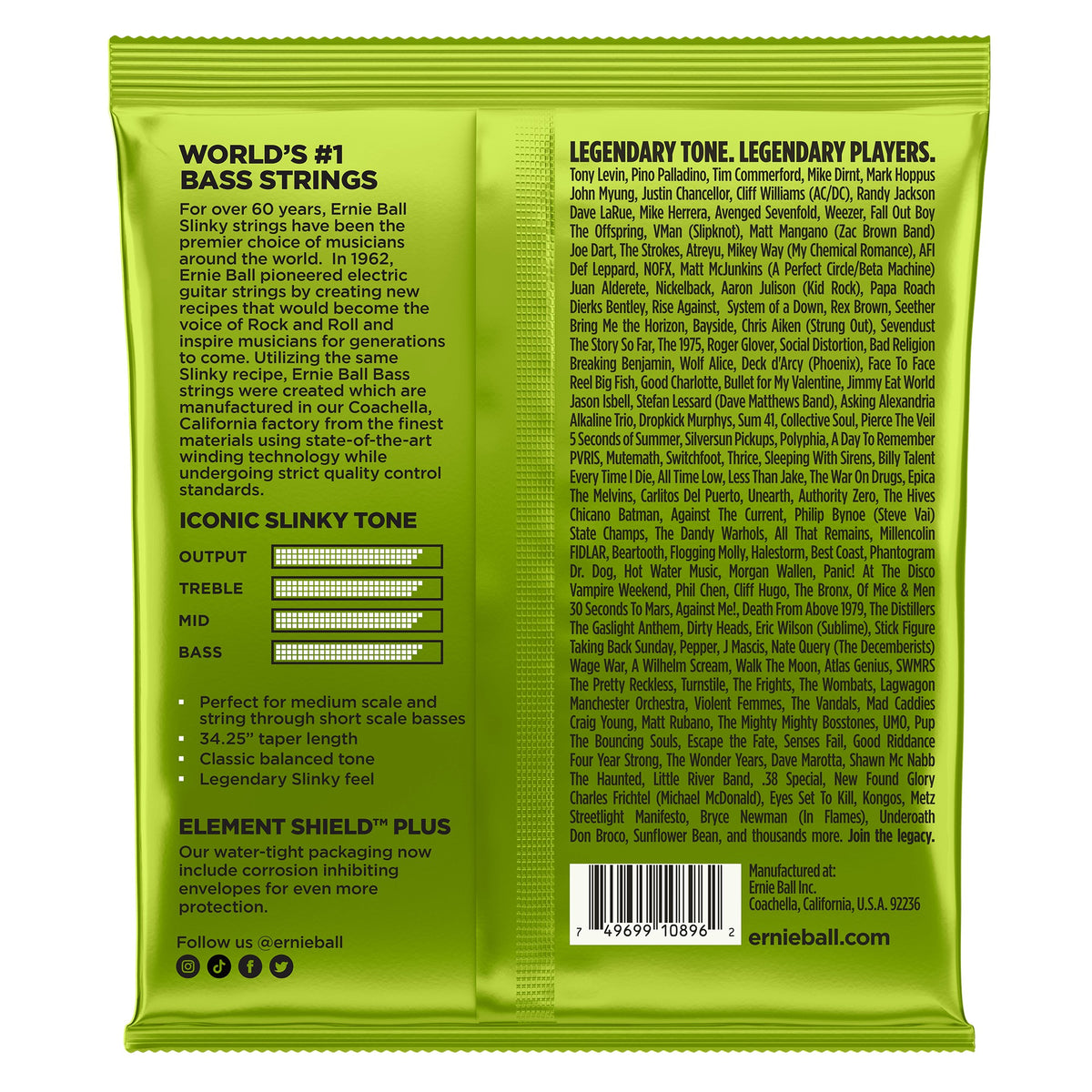 Mặt sau bao bì dây Ernie Ball 2856: mã vạch 749699108962