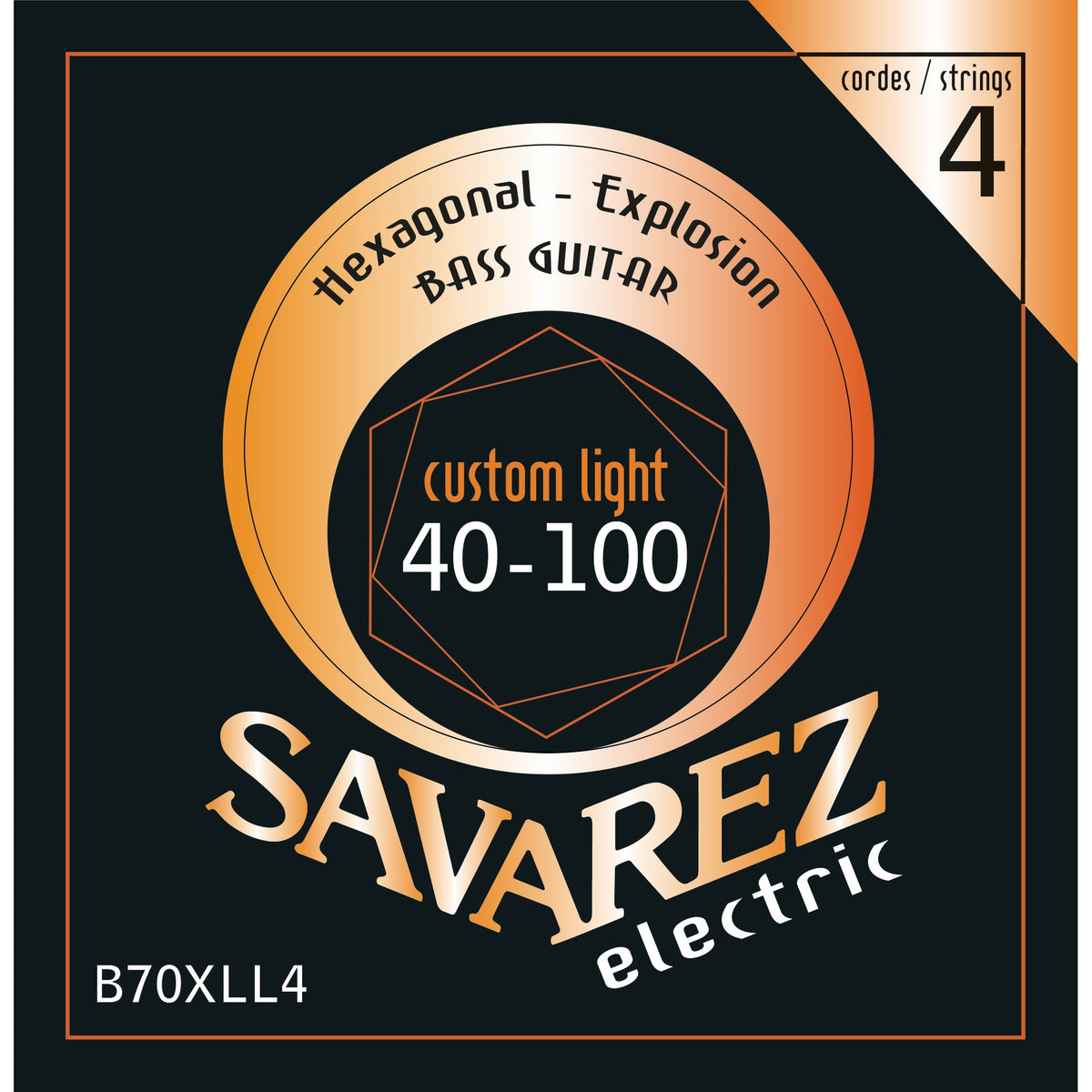 Dây Savarez B70XLL4 Hexagonal Explosion Bass 40-100 Custom Light – bao bì mặt trước