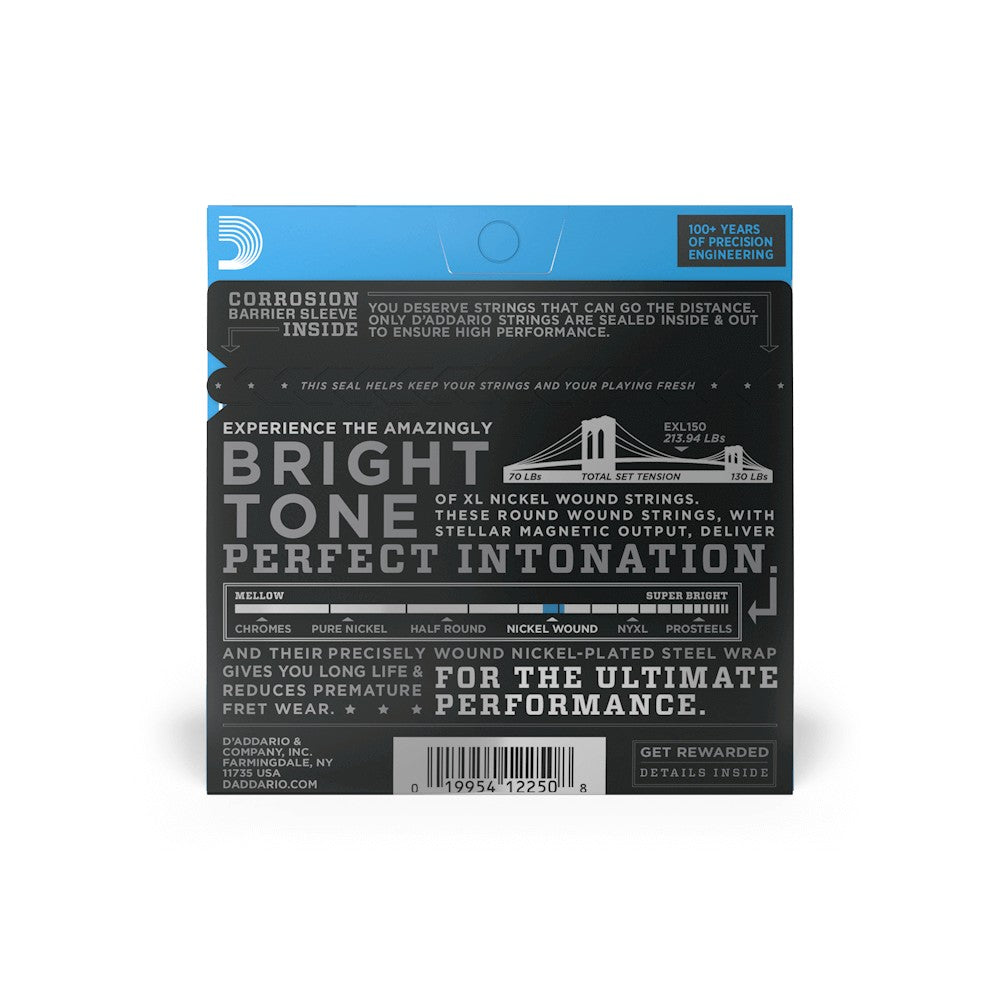 Mặt sau bao bì dây D'Addario EXL150 – mã vạch UPC 019954122508