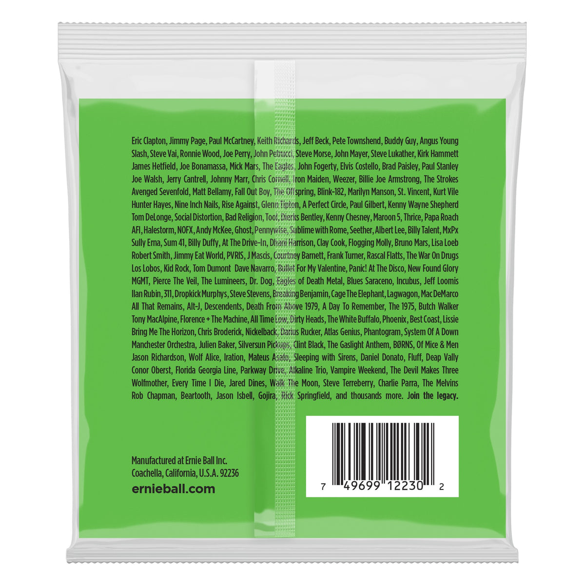 Mặt sau bao bì dây Ernie Ball 2230: mã vạch 749699122302