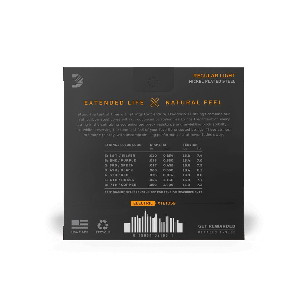 Mặt sau bao bì dây D'Addario XTE1059 – mã vạch UPC 019954321901