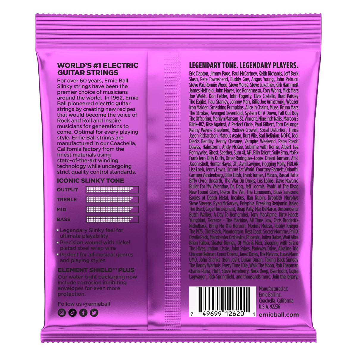 Mặt sau bao bì dây Ernie Ball 2620: mã vạch 749699126201