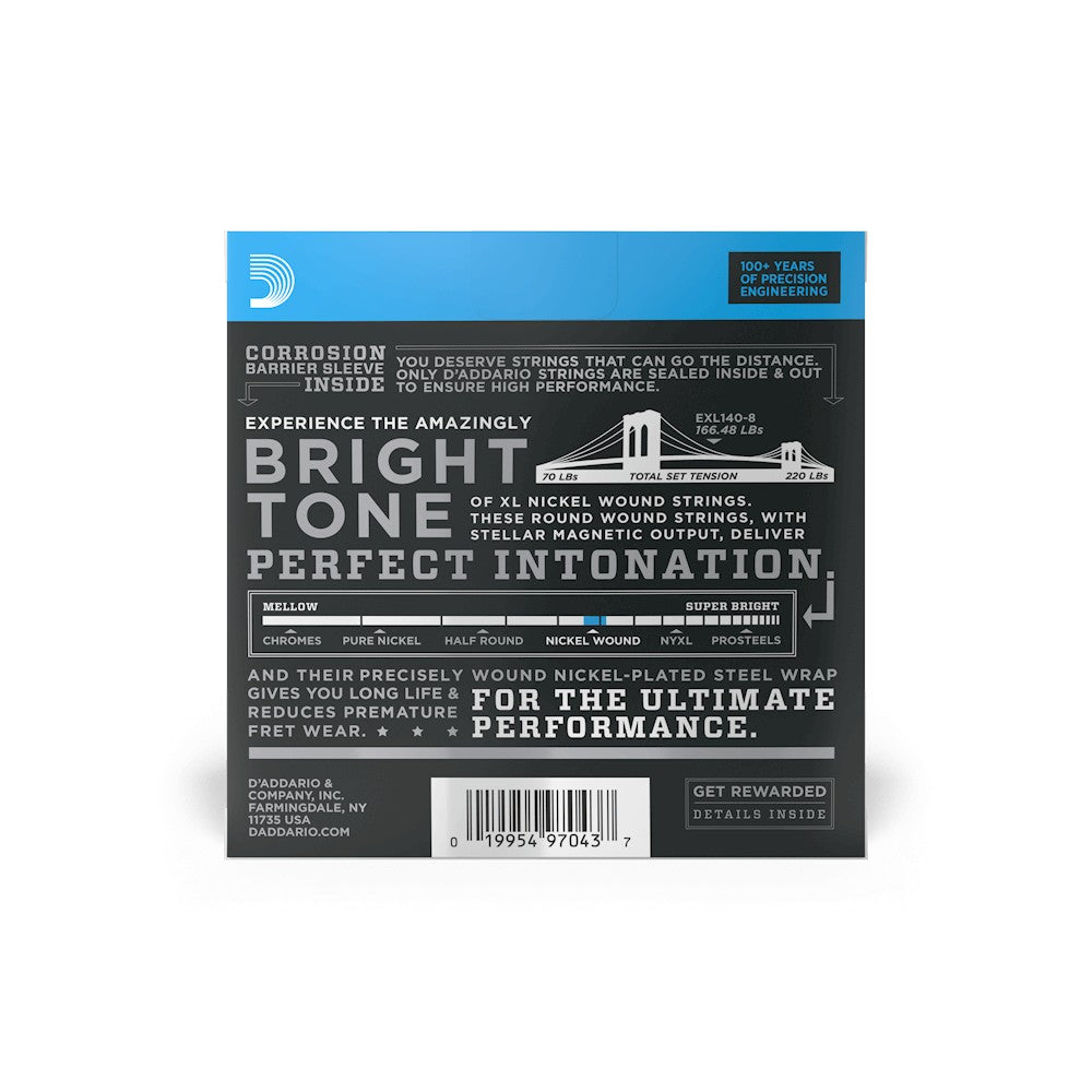 Mặt sau bao bì dây D'Addario EXL140-8 – mã vạch UPC 019954970437
