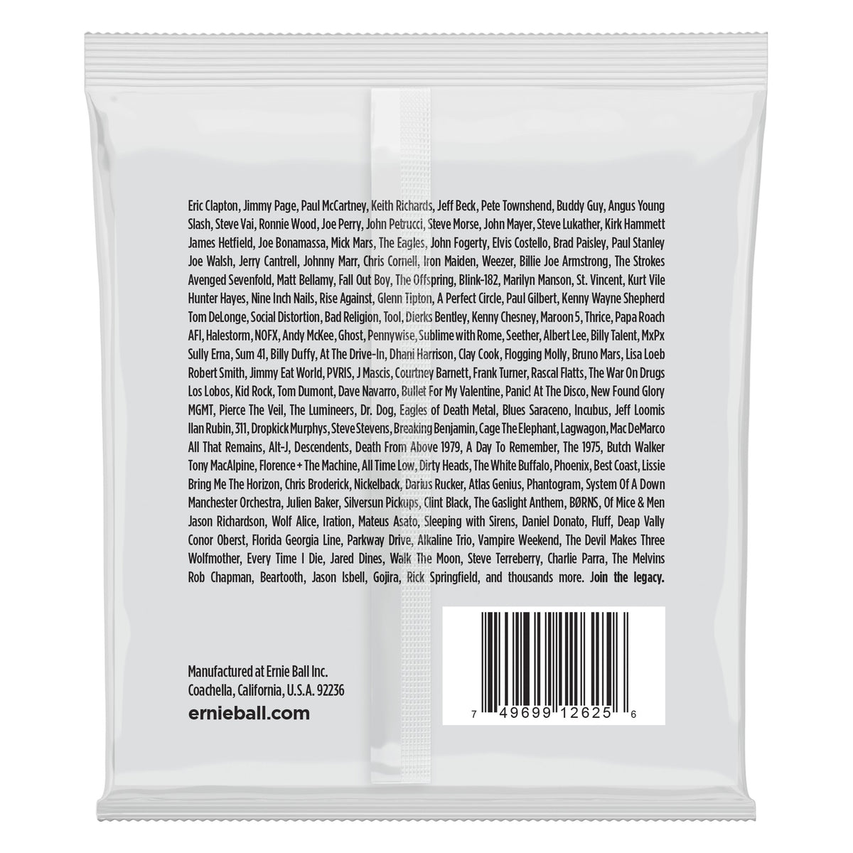 Mặt sau bao bì dây Ernie Ball 2625: mã vạch 749699126256