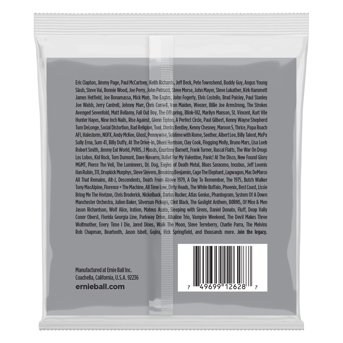 Mặt sau bao bì dây Ernie Ball 2628: mã vạch 749699126287