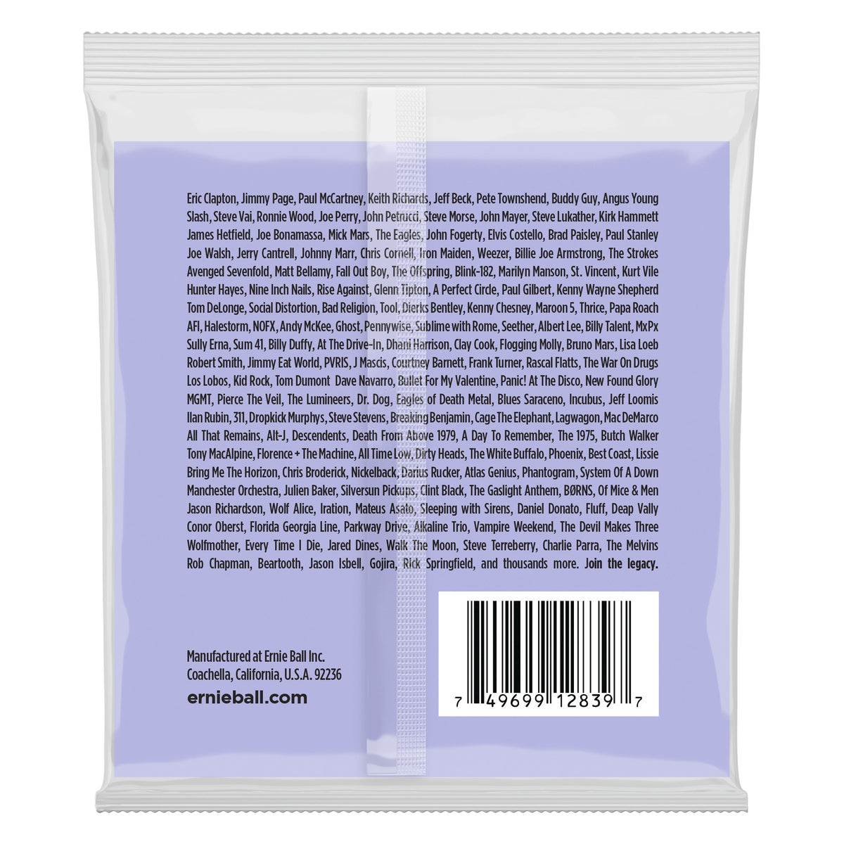Mặt sau bao bì dây Ernie Ball 2839: mã vạch 749699128397