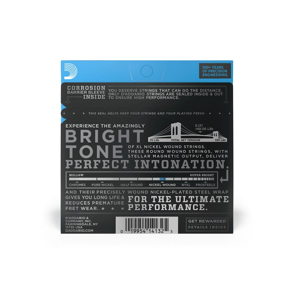 Mặt sau bao bì dây D'Addario EJ21 – mã vạch UPC 019954141325