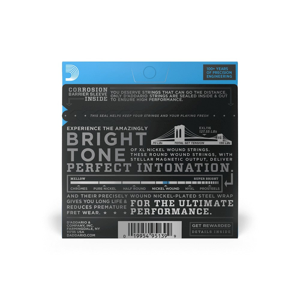 Mặt sau bao bì dây D'Addario EXL116 – mã vạch UPC 019954951399