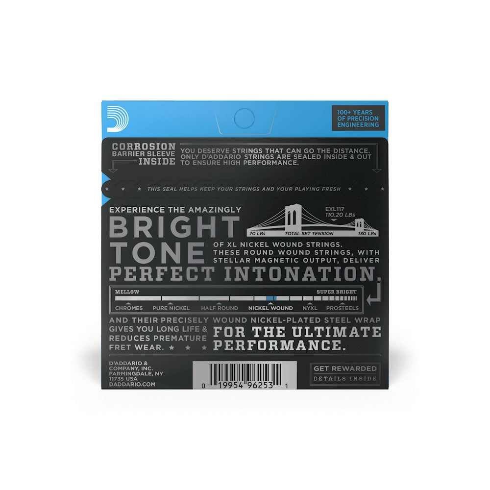 Mặt sau bao bì dây D'Addario EXL117 – mã vạch UPC 019954962531
