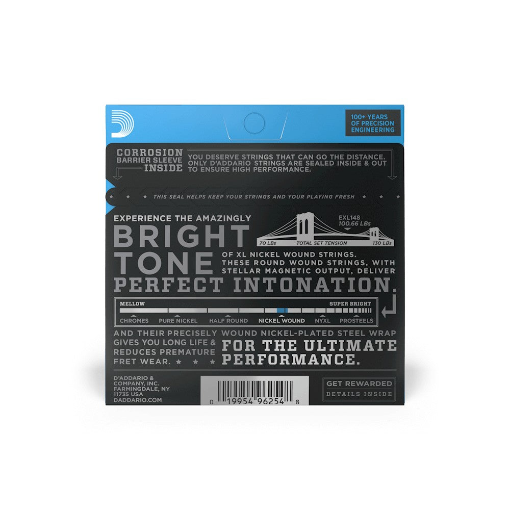 Mặt sau bao bì dây D'Addario EXL148 – mã vạch UPC 019954962548
