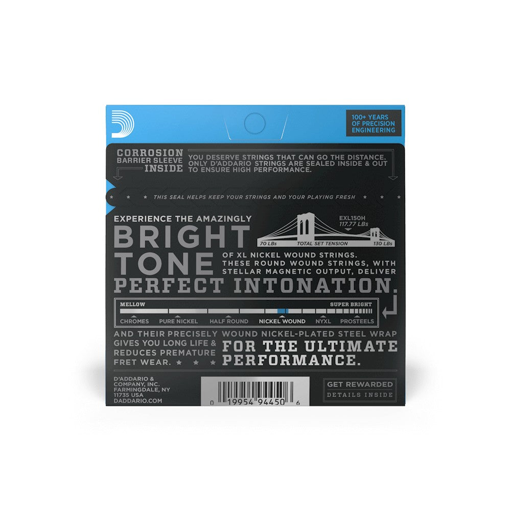 Mặt sau bao bì dây D'Addario EXL150H – mã vạch UPC 019954944506