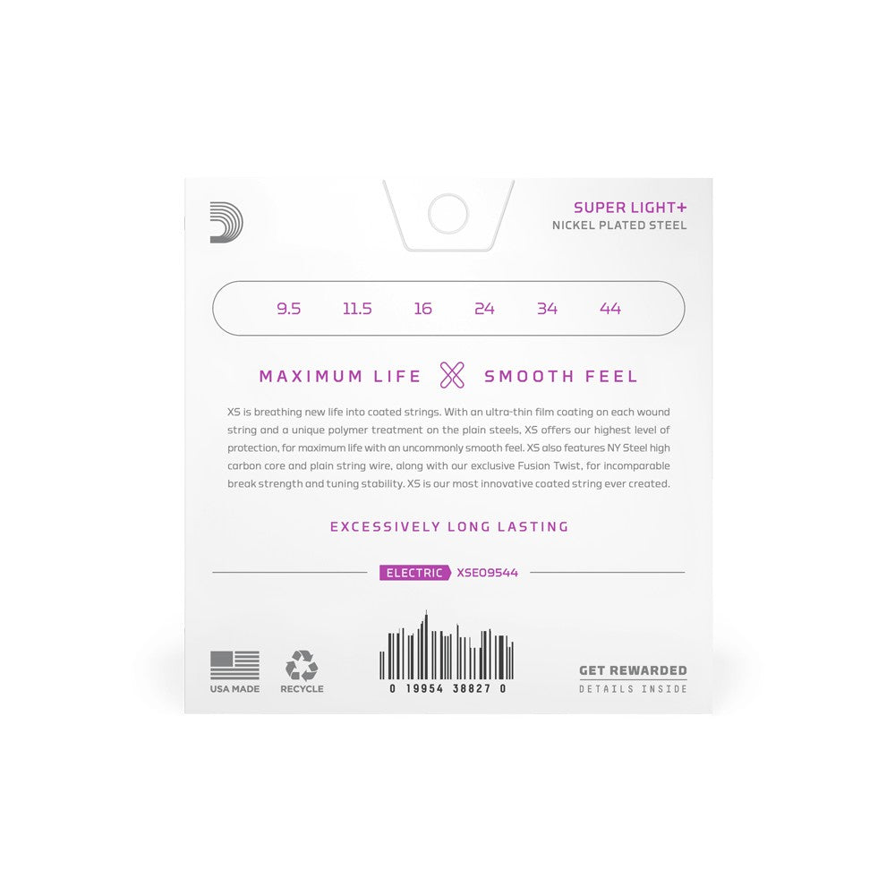 Mặt sau bao bì dây D'Addario XSE09544 – mã vạch UPC 019954388270