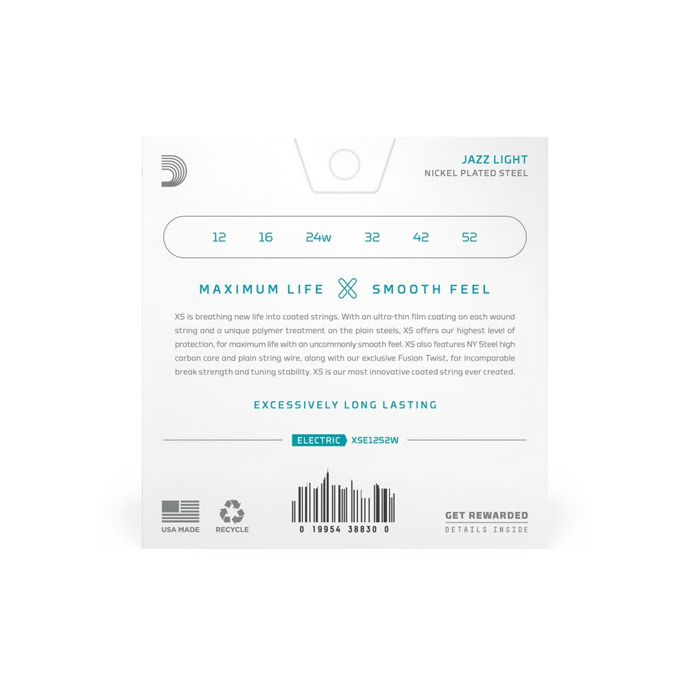 Mặt sau bao bì dây D'Addario XSE1252W – mã vạch UPC 019954388300
