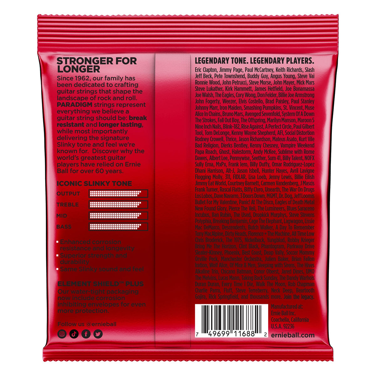 Mặt sau bao bì dây Ernie Ball 2016: mã vạch 749699116882