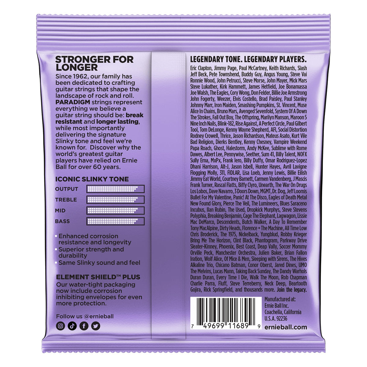 Mặt sau bao bì dây Ernie Ball 2017: mã vạch 749699116899